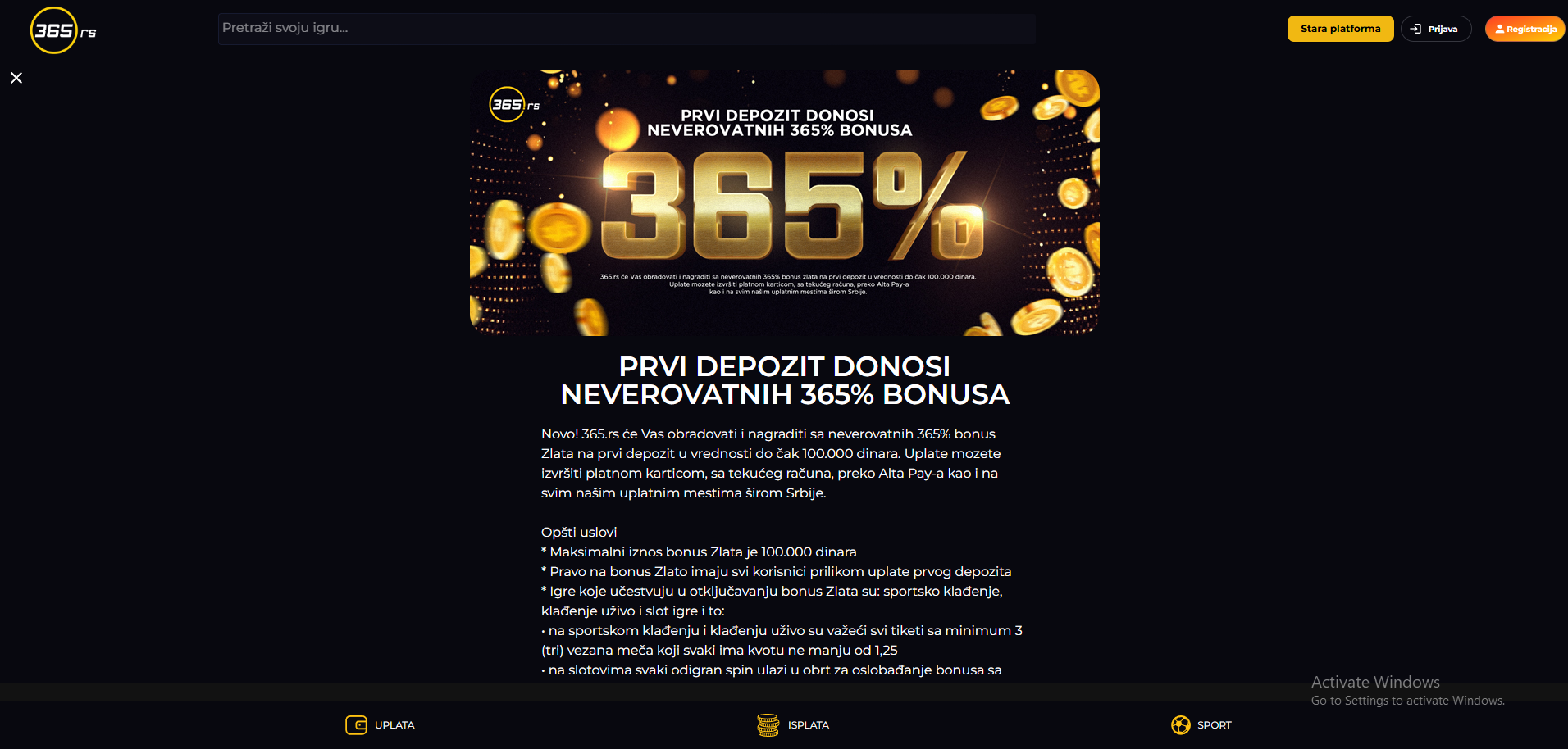 365 bonus dobrodošlice