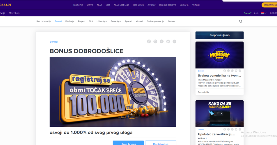 Mozzart Bet bonus dobrodošlice