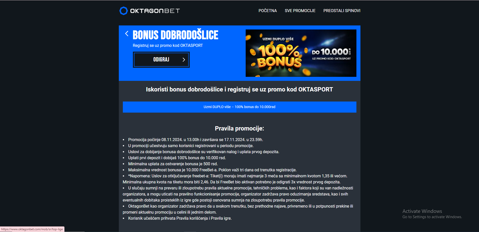 Oktagon Bet bonus dobrodošlice