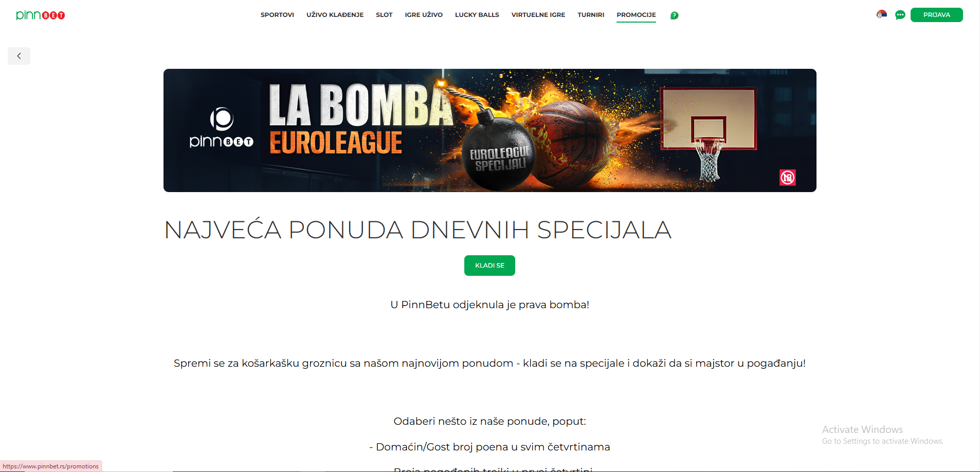 PinnBet bonus evroliga