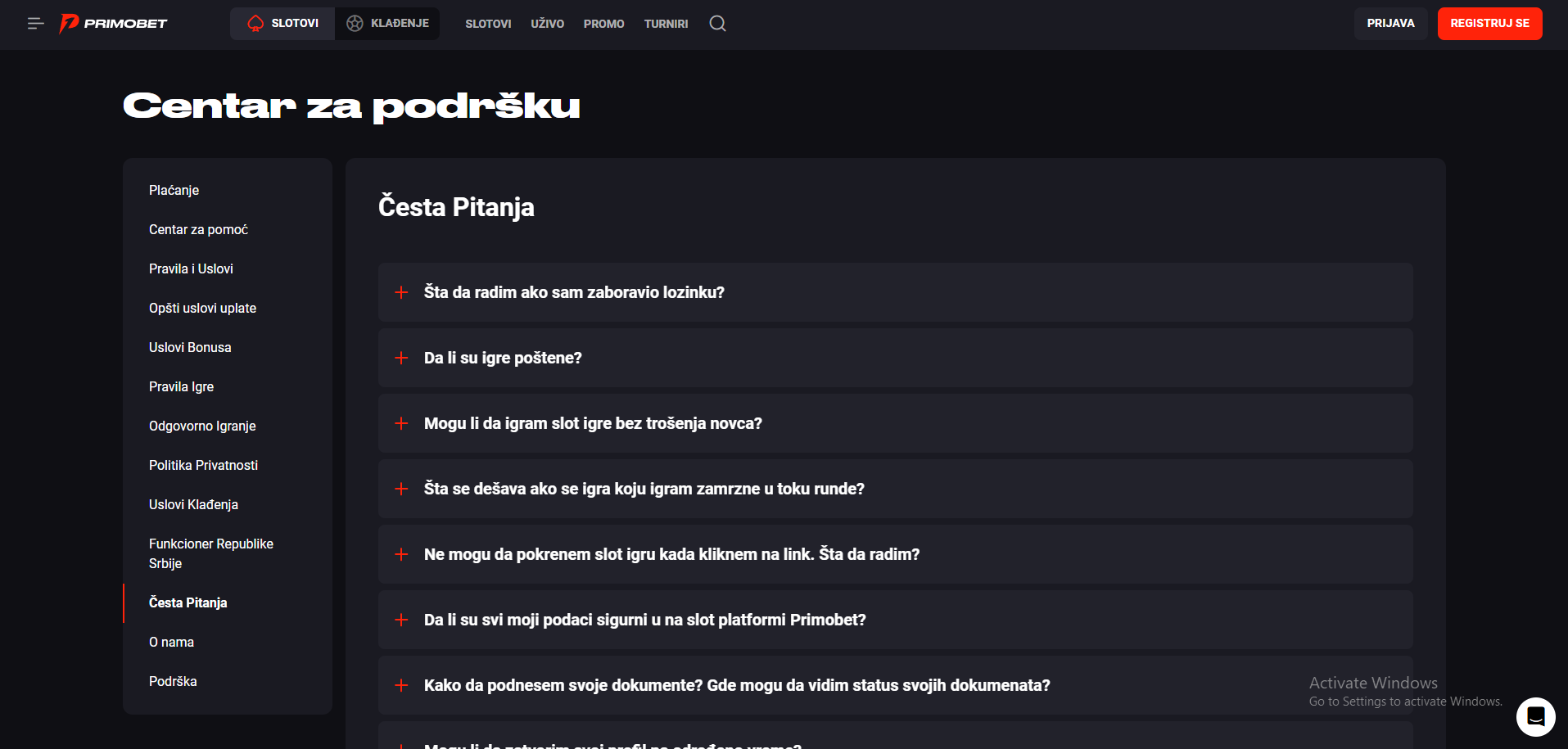 Primobet česta pitanja
