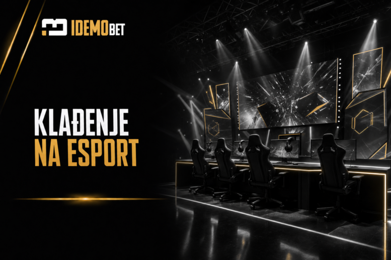 Klađenje na esport: esports arena sa gaming stolicama i ekranima, grafika idemobet